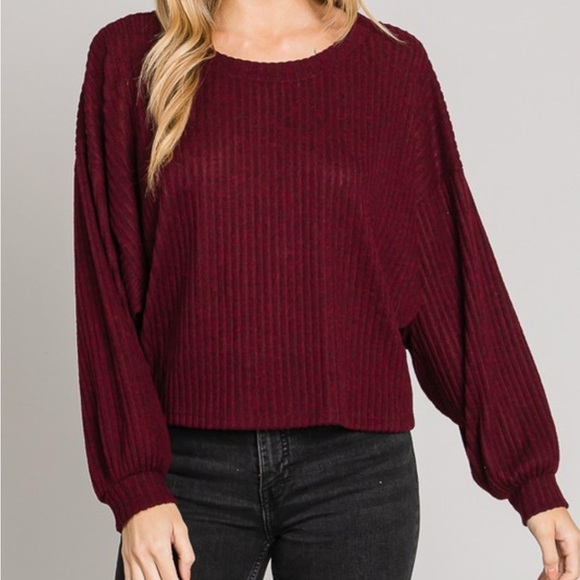 Wine Red Oversized Rib Knit Sweater Top – Cozy Soft Balloon Sleeve (NIP) - Picture 3 of 9